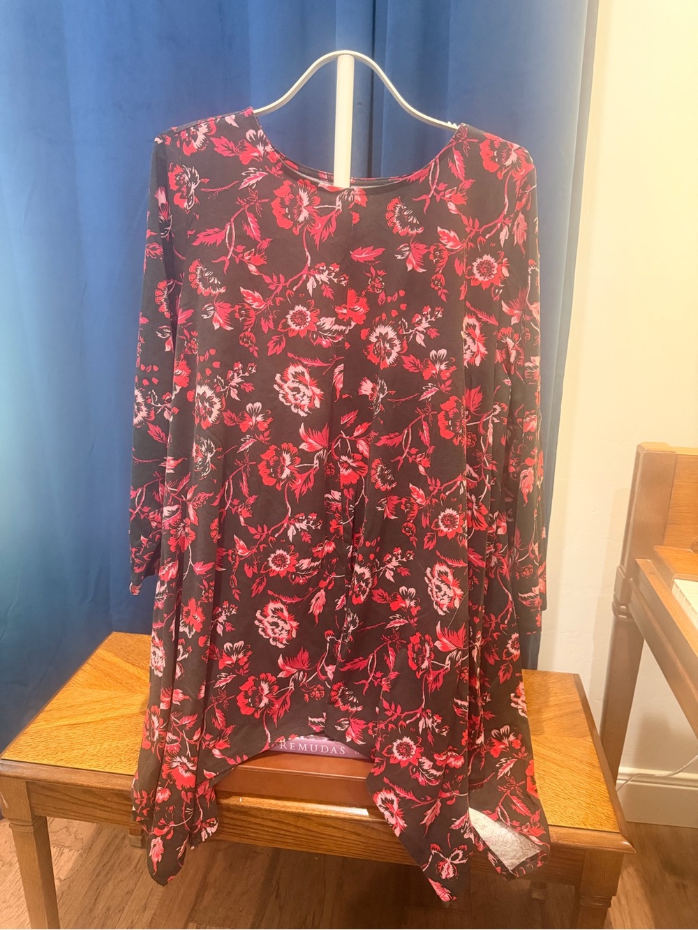 Roaman's Black Tunic Top with Red Floral Print